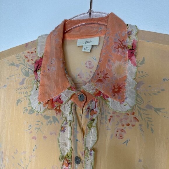 J Jill Ruffle Sheer Blouse Button Front Size S Floral Yellow Orange Cottagecore - Picture 5 of 14